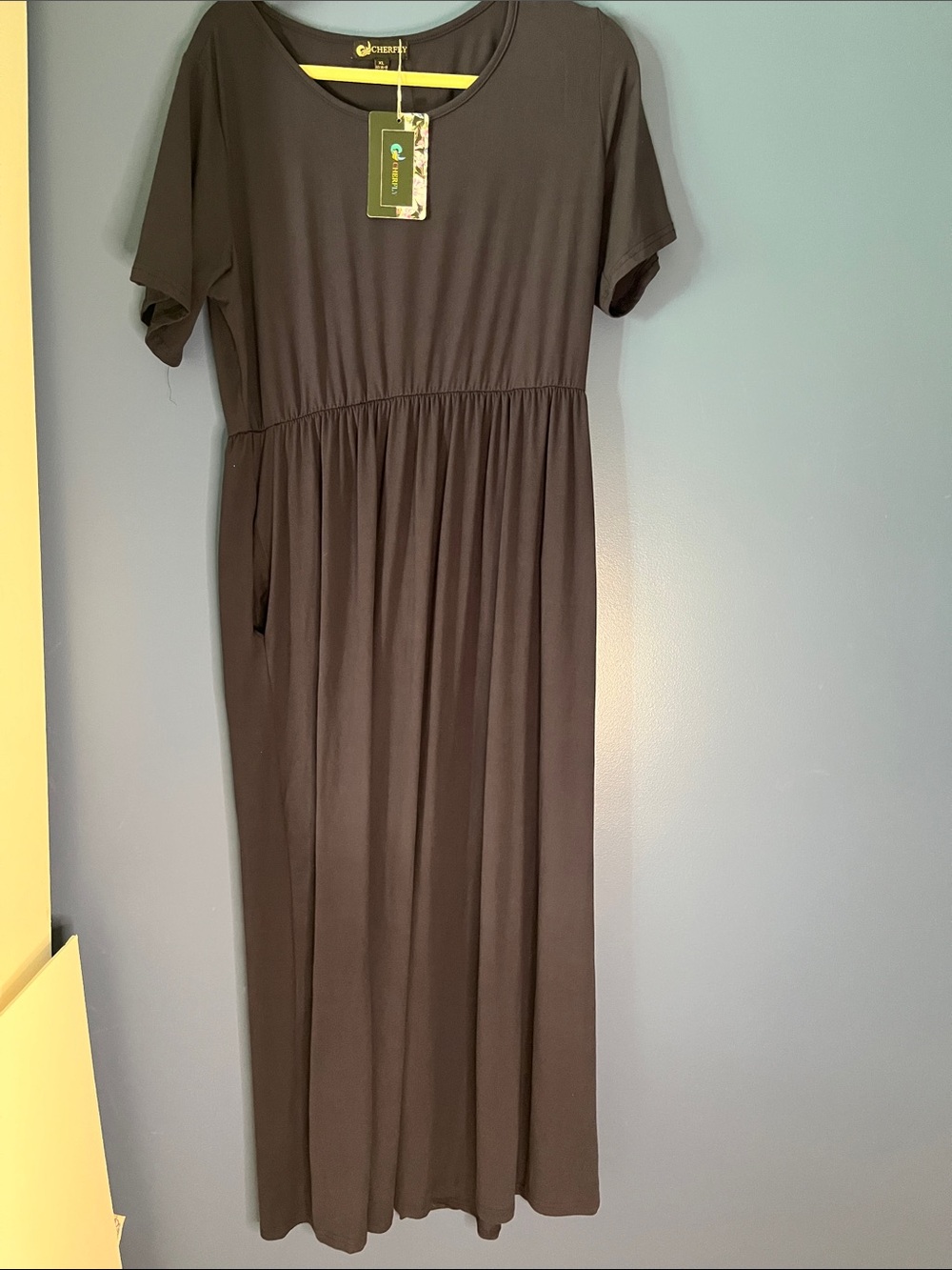 Cherfly: Classic Navy Maxi Dress w Sleeves, buttery soft with pockets!XL